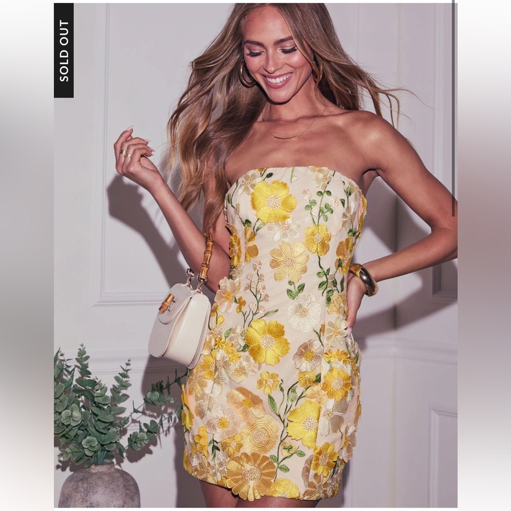 Vici Strapless Floral Embroidered Mini Dress in Yellow and Cream